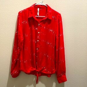 NY Collection women’s Large red and silver long sleeve button down blouse.